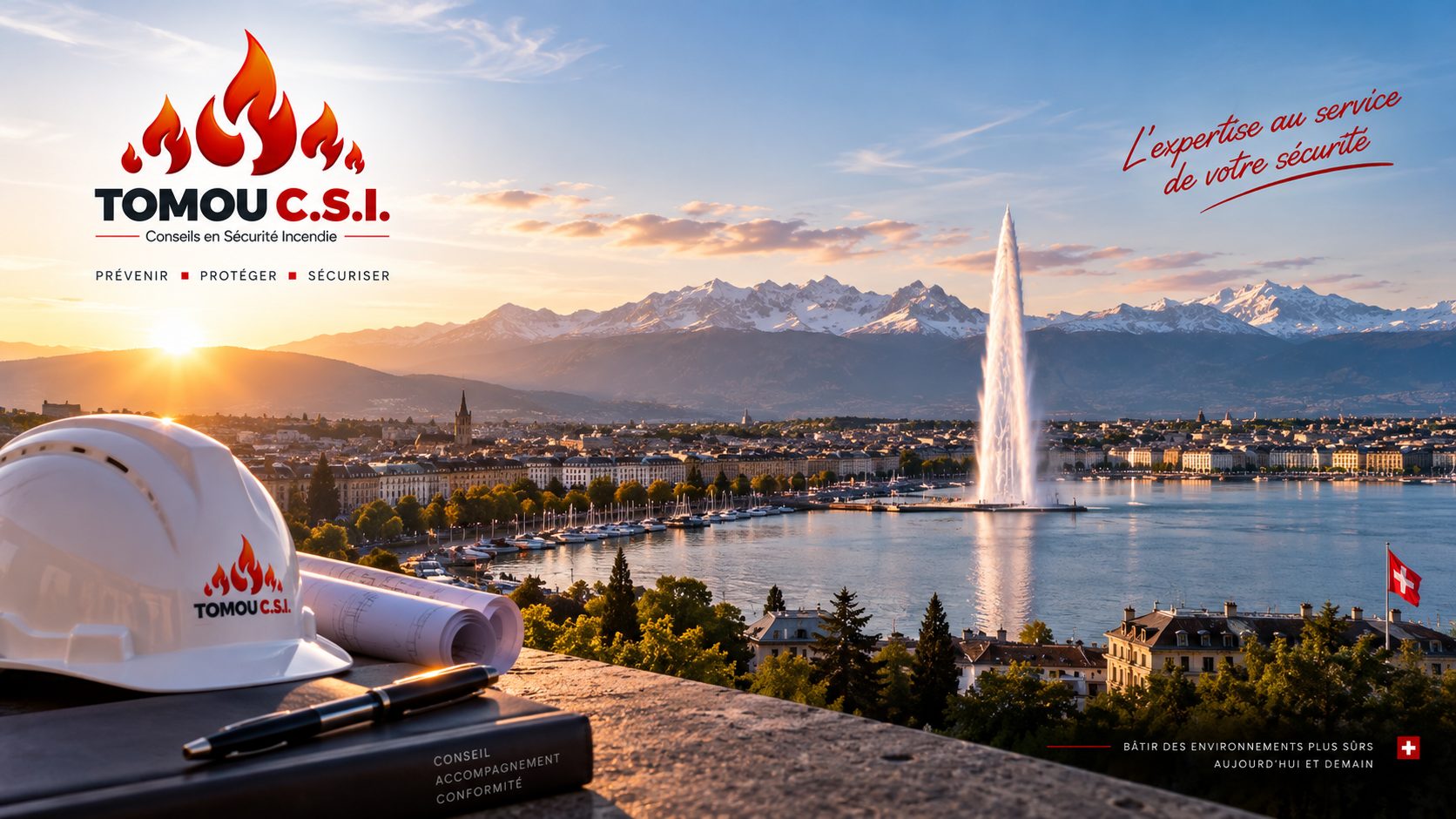 Genève au coucher du soleil, jet d'eau et Alpes en arrière-plan, avec le casque et le logo TOMOU C.S.I. au premier plan
