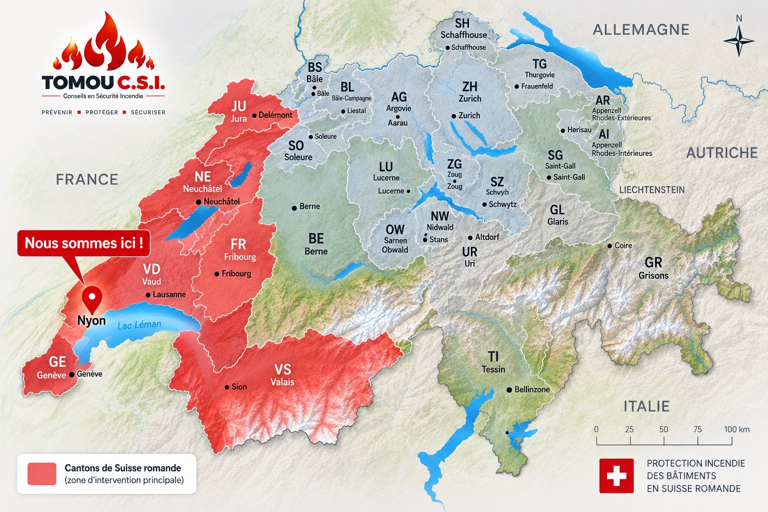 Carte de la Suisse romande avec les cantons d'intervention de TOMOU C.S.I. mis en évidence (Genève, Vaud, Neuchâtel, Jura, Fribourg, Valais) et la localisation de Nyon